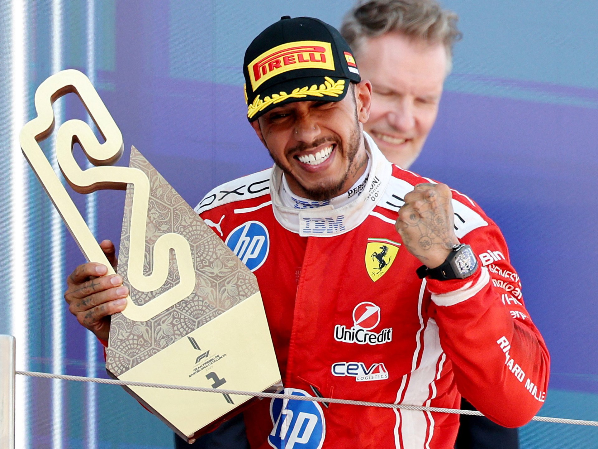 Lewis Hamilton celebrates first Ferrari win at Spanish Grand Prix