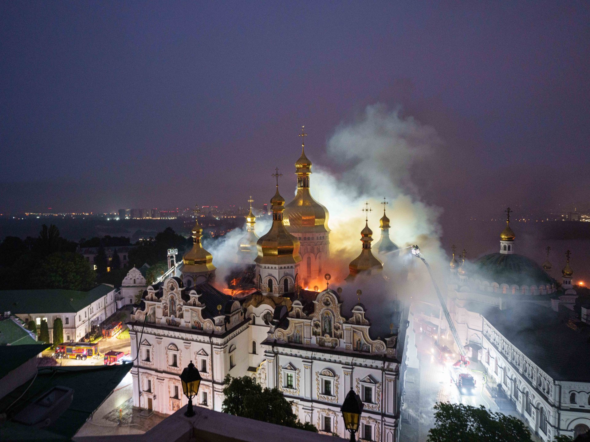 Flames engulf the Dormition Cathedral at Kyiv-Pechersk Lavra