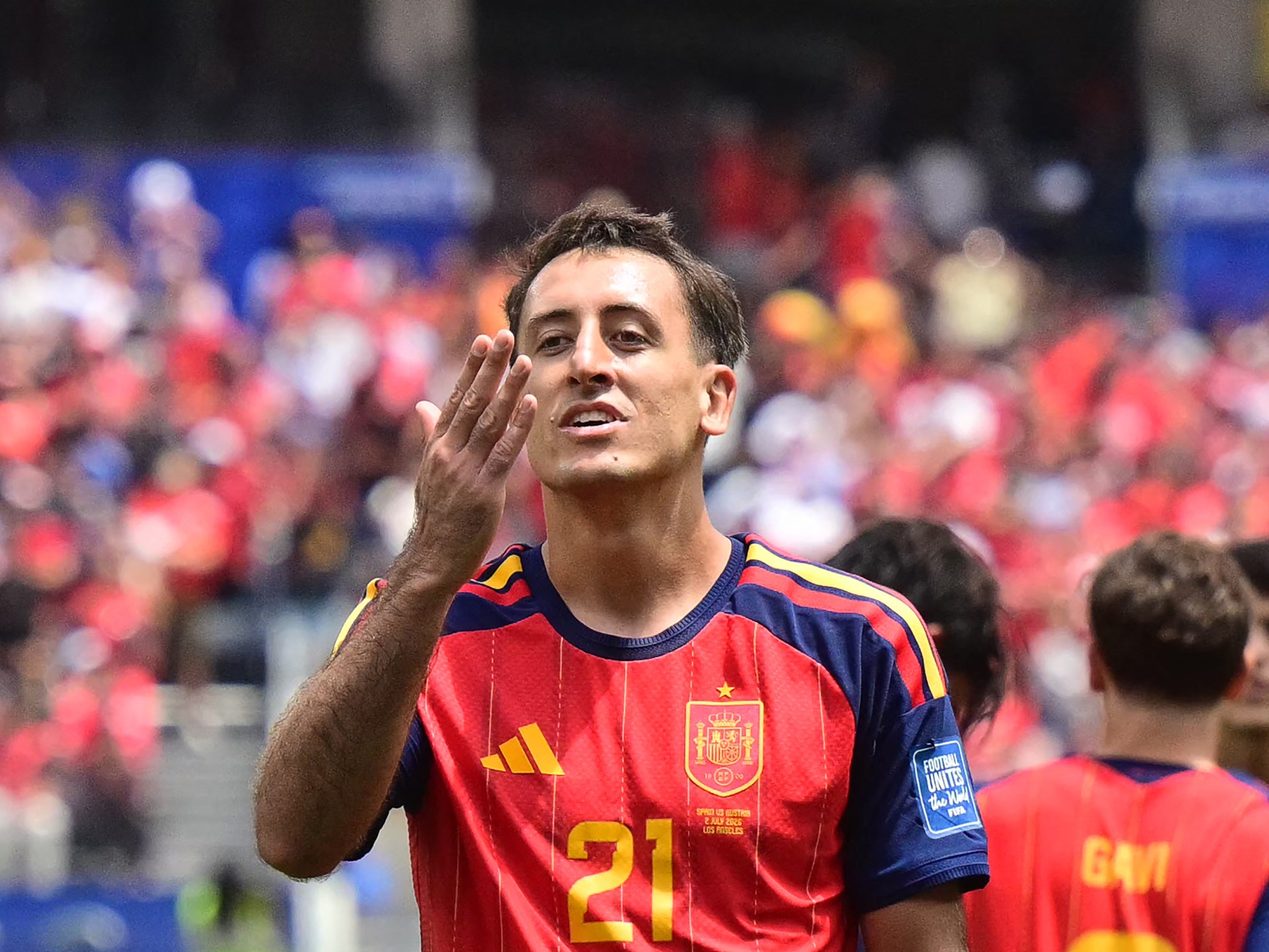 Spain and Austria players during the World Cup knockout
