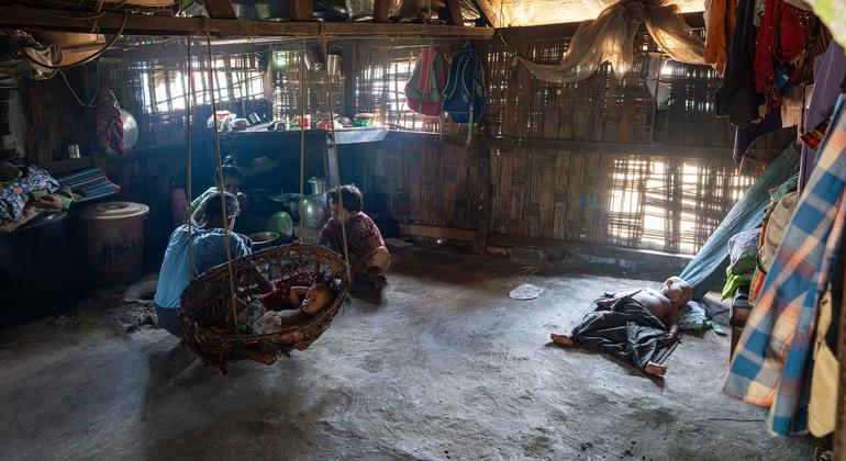 Displaced civilians in a camp in Myanmar following military airstrikes