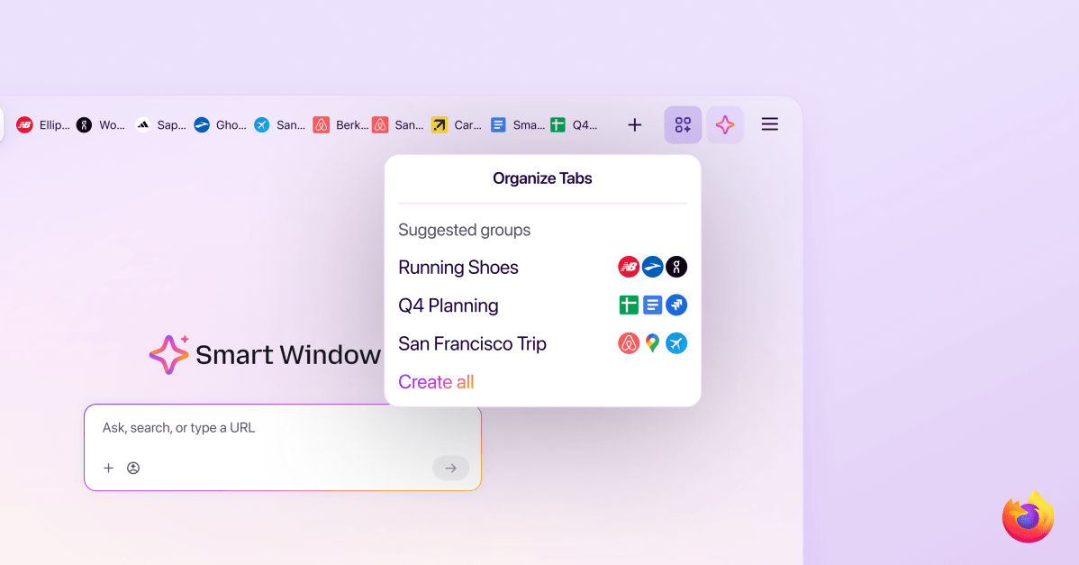 Firefox Smart Window with AI tab suggestions