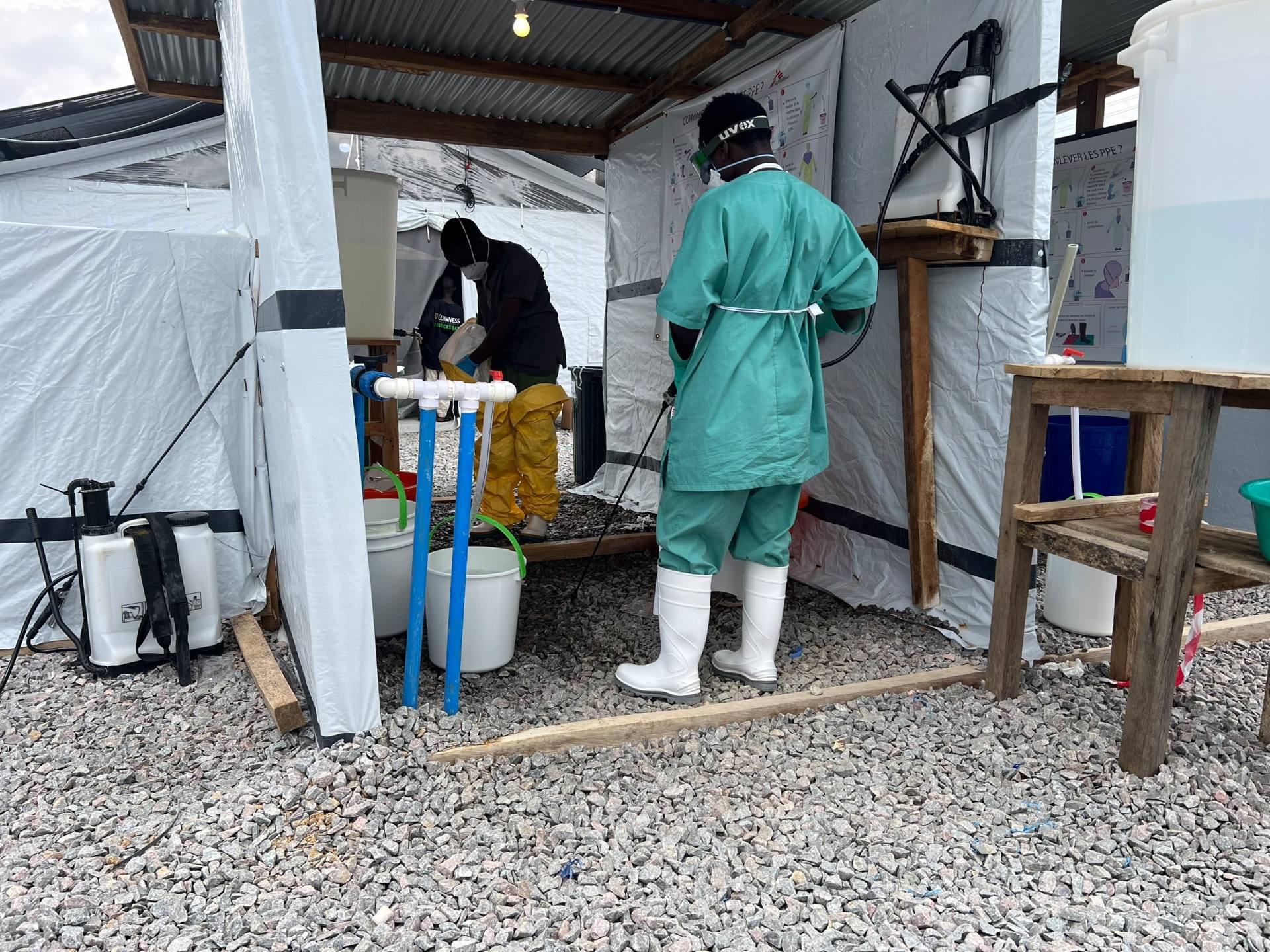 Healthcare worker in protective equipment at Ebola treatment center