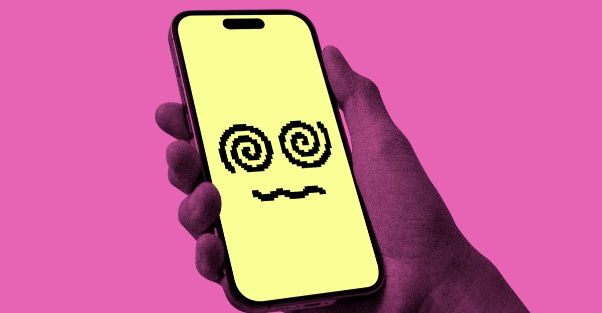 Pixelated chatbot face on phone screen