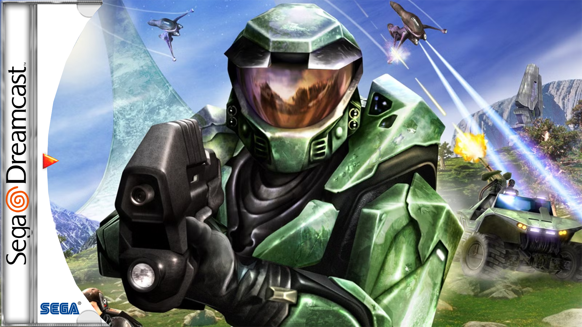Halo: Combat Evolved running on Dreamcast showing forest level with Warthog